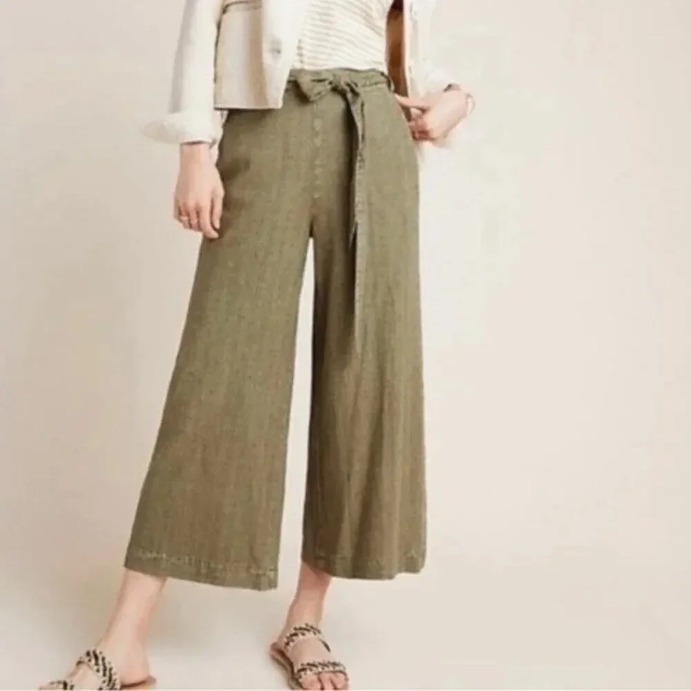 Anthropologie Olive Green Linen Blend Tie Waist Wide Leg Crop Pants Small ✨ 🫒🌿 - Picture 1 of 16